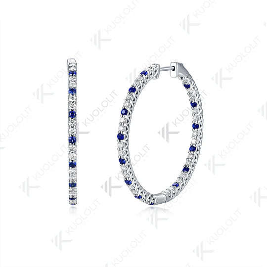 Kuololit 2.58CTW Lab Diamond Blue Sapphire Hoop Earrings for Women Solid 14K 10K 585Gold Alternate Diamond Earring for Christmas