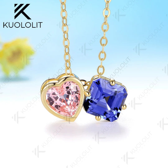 Kuololit 3CTW Lab Grown Blue Pink Sapphire Necklace for Women Solid 14K 10K 585 Yellow Gold Necklace for Christmas Gifts Party