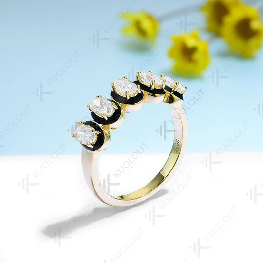 Kuololit 1.5CTW Oval Moissanite Black Enamel Band for Women Solid 10K 585 Yellow Gold Moissanite Engagement Ring for Christmas