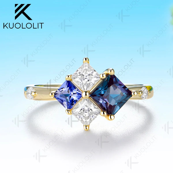 Kuololit Lab Grown Alexandrite Sapphire Moissanite Custom Ring for Women Solid 14K 10K 585 Yellow Gold for Christmas Gifts