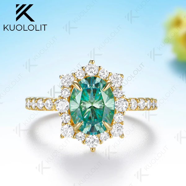 Kuololit 2CT Cyan moissanite Oval Ring for Women Solid 14K 10K 585 Yellow Gold Oval Cut Ring for Engagement Christmas Gifts
