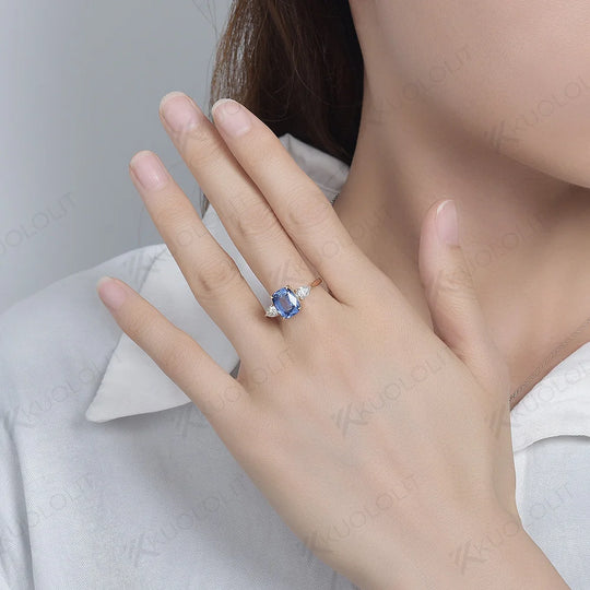 Kuololit 3CT Cushion Lab Grown Blue Sapphire Rings for Women Moissanite Solid 14K 10K 585 Gold for Engagement Wedding Christmas