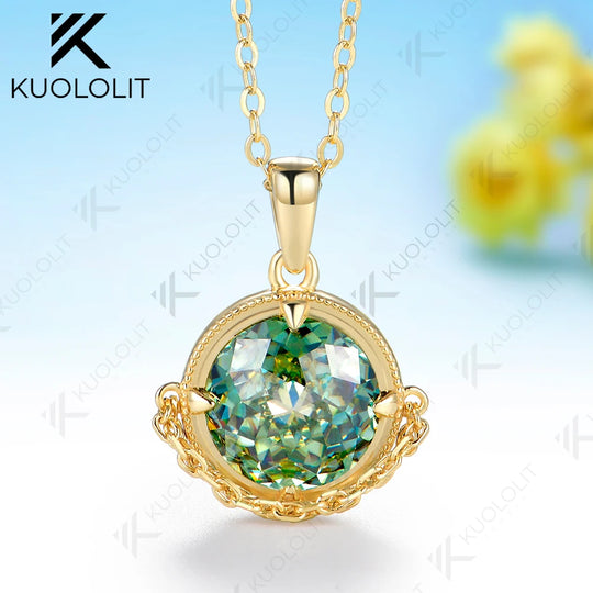 Kuololit 4CT Cyan Moissanite Jubilee Cut Necklace for Women Solid 14K 10K Yellow Gold Engagement Necklace for Christmas Gifts