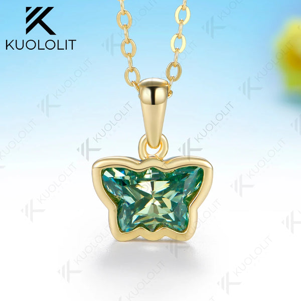 Kuololit 2CT Butterfly Cyan Moissanite Necklace for Women Solid 14K 10K Yellow Gold Animal Pedant for Christmas Party Gifts