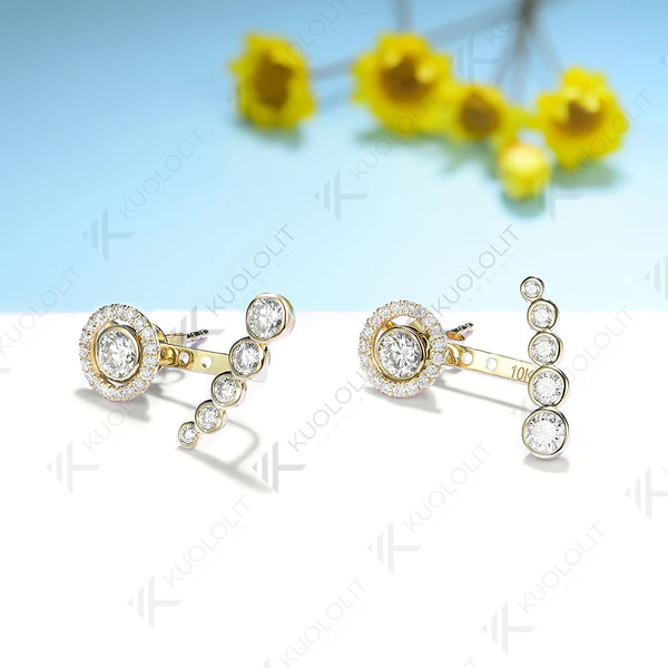 Kuololit Moissanite Stub Earrings for Women Solid 18K 14K 10K Yellow Gold Jacket Earring for Party Christmas Classic Engagement