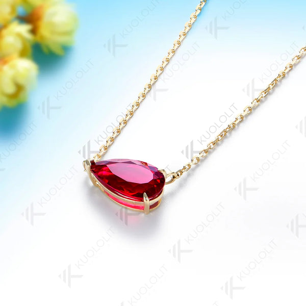 Kuololit 2.5CT Lab Grown Ruby Necklace for Women Solid 585 14K 10K Yellow Gold Pear Cut Custom Necklace for Christmas Gifts