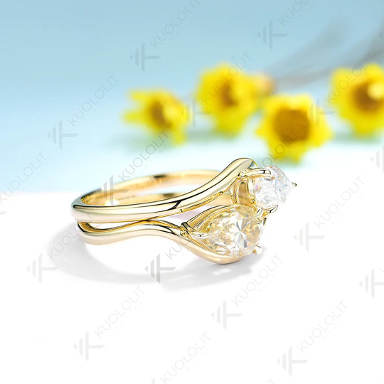 Kuololit 3.0ctw Pear Moissanite Engagement Ring for Women Solid 18K 14K 10K 585 Yellow Gold Double Set Ring for Christmas Gifts