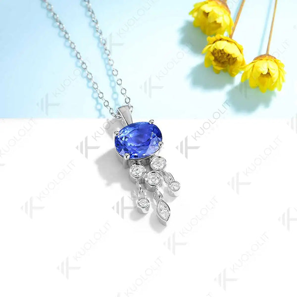 Kuololit 3CT Lab Grown Blue Sapphire with Moissanite Necklace for Women Solid 18K 14K 10K 585 Yellow Gold Pendant for Christmas