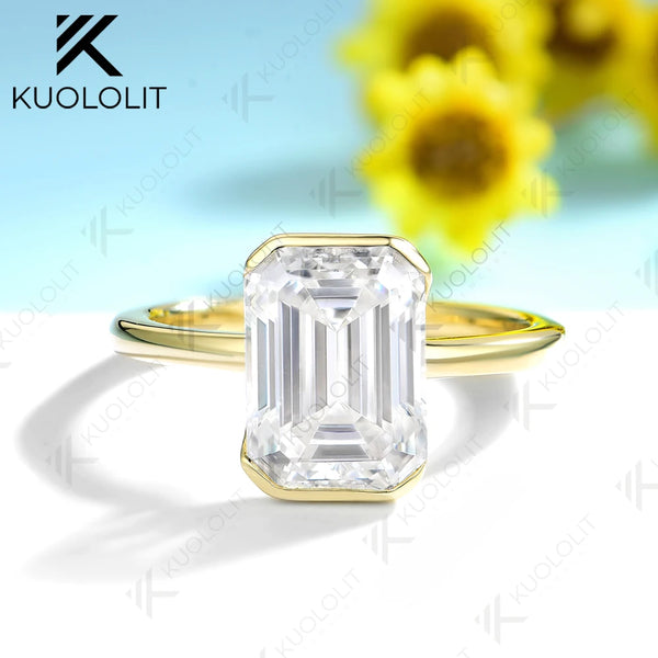 Kuololit 4.5CT Eemerald Cut Moissanite Europe Shank Ring for Women Solid 14K 10K Yellow Gold for Christmas Gift Party Engagement