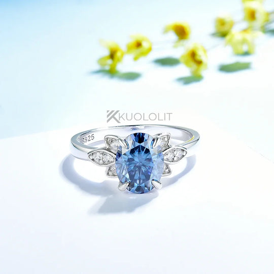 Kuololit  2CT Oval Dark Blue Moissanite Engagement Ring for Women Solid 14K 10K White Gold