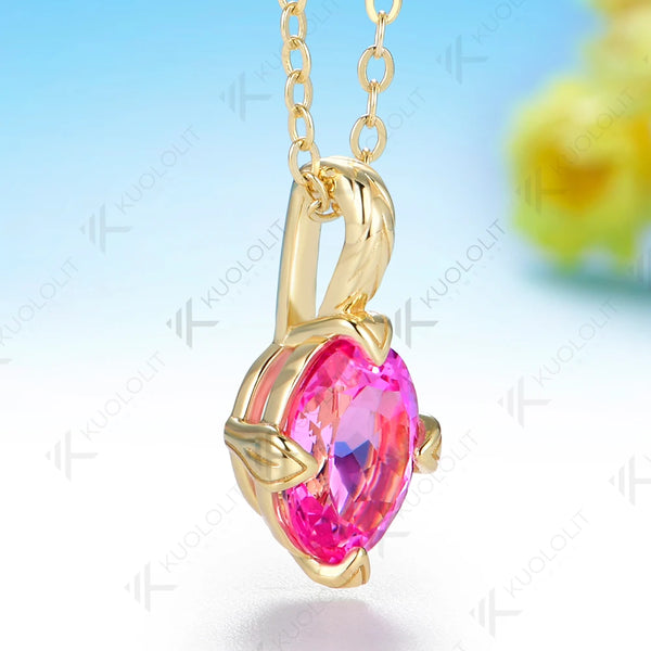 Kuololit 2CT Lab Pink Sapphire or Moissanite Set Necklace for Women Solid 14K 10K 585 Yellow Gold Necklace for Christmas Gifts Party