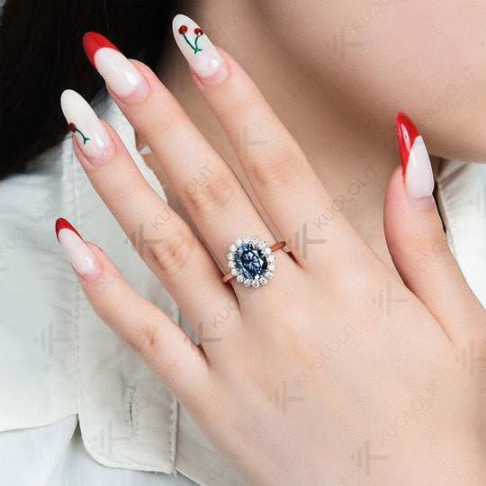 Kuololit 3CT Oval Blue Moissanite Engagement Ring for Women Soild 10K 14K Rose Gold Ring for Christmas Gifts Party Anniversary