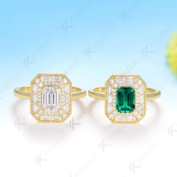 Kuololit 1CT Emerald Cut Moissanite Ring for Women Solid 14K 10K 585 Yellow Gold Engagement Ring for Christmas Gift Anniversary