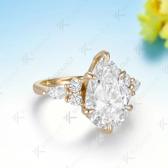 Kuololit  IGI 4CT Lab Diamonds Pear Ring for Women Solid 14K10K Yellow Gold D VS Diamonds Ring for Engagement Christmas Gifts
