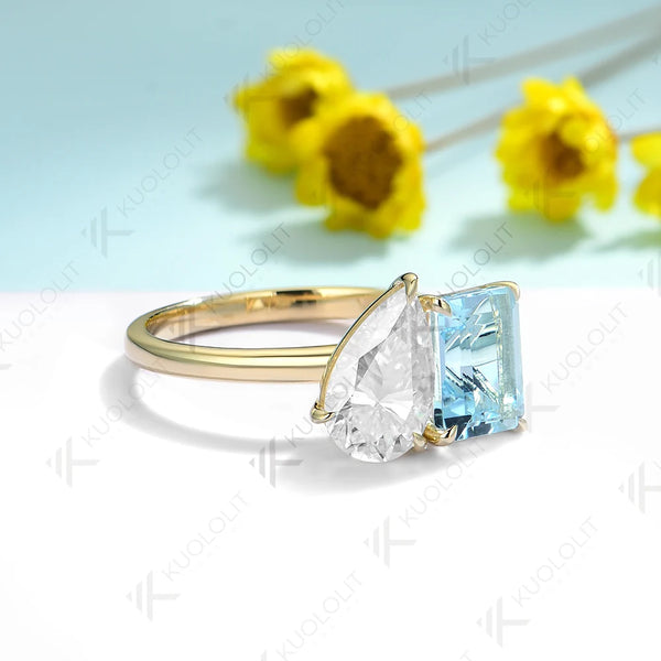 Kuololit Natural Aqumarine Moissanite Engagement Ring for Women Solid 18K 14K 10K 585 White Gold for Engagement Christmas Gifts