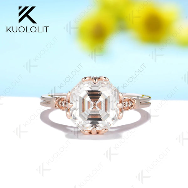 Kuololit 2.5ct Asscher Cut Moissanite Rings for Women PT950 Solid 14K 10K Rose Gold Solitaire Ring for Engagement Christmas Gift