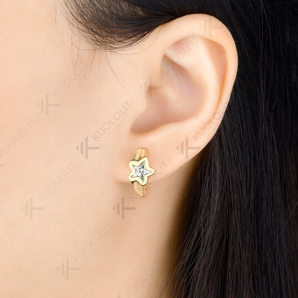 Kuololit 2CTW Unique Cut Star Moissanite Earrings for Women Solid 14K 10K 585 Yellow Gold Clip Star Earring for Christmas Gifts