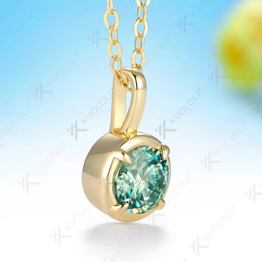 Kuololit 0.8CT Cyan Moissanite Round Necklace for Women Solid 585 14K 10K Yellow Gold Necklace for Engagement Christmas Gifts