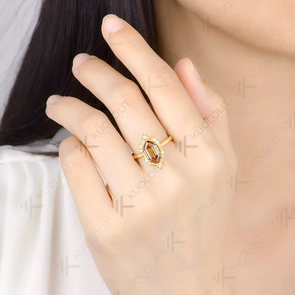 Kuololit 2.5CT Champagne Moissanite Elongate Hexagon Cut Custom Ring for Women Solid 14K 10K 585 Yellow Gold for Christmas Gifts