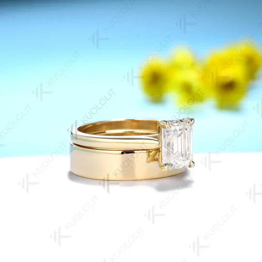 Kuololit 2ct Emerald Cut Ring Moissanite D/VVS1 Set Ring for Women Solid PT950 14K 10K Yellow Gold Luxury Wedding Christmas