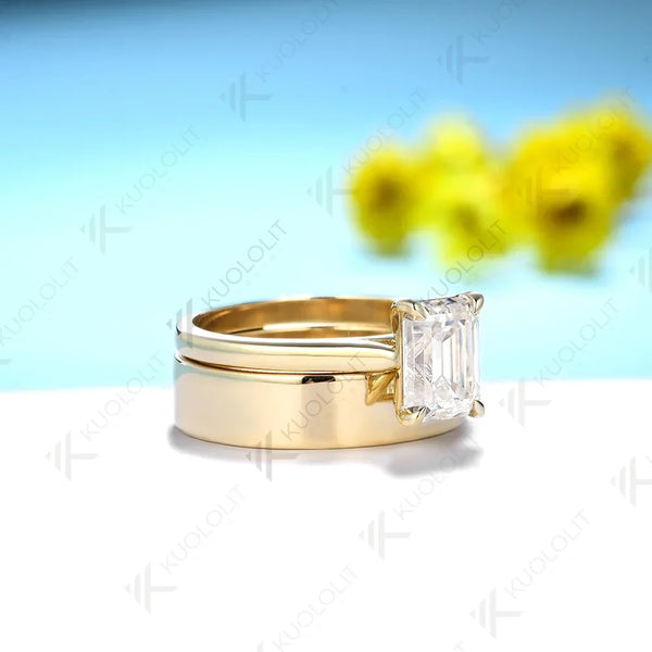 Kuololit 2ct Emerald Cut Ring Moissanite D/VVS1 Set Ring for Women Solid PT950 14K 10K Yellow Gold Luxury Wedding Christmas