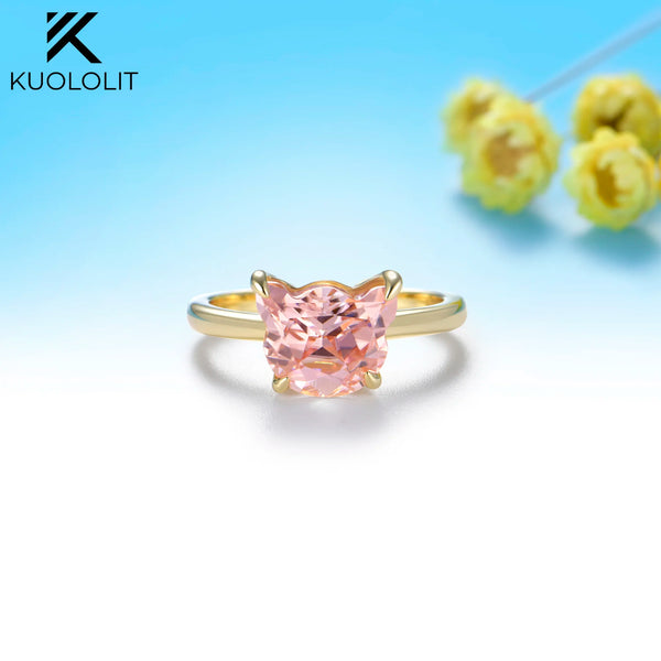 Kuololit 3.2CT Pink Moissanite Custom Ring for Women Solid 14K 10K 585 Yellow Gold Cat for Christmas Gift Engagement Anniversary