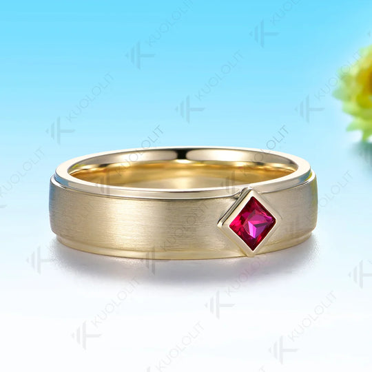 Kuololit Lab Grown Ruby Custom Band Ring for Women Men Solid 14K 10K 585 Yellow Gold 6mm Wedding Band for Christmas Gifts Party