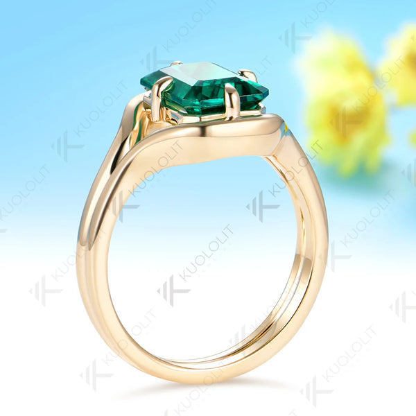 Kuololit 3CT Lab Grown Emerald Custom Ring for Women Solid 14K Yellow Gold Gemstone Ring for Anniversary Christmas Gifts Party