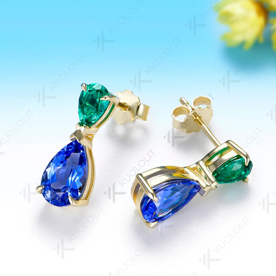 Kuololit 4CTW Lab Grown Emerald Sapphire Clip Earrings for Women Solid 14K 10K 585 Yellow Gold Rhombus Cut for Christmas Gifts