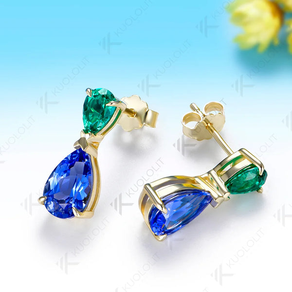 Kuololit 4CTW Lab Grown Emerald Sapphire Clip Earrings for Women Solid 14K 10K 585 Yellow Gold Rhombus Cut for Christmas Gifts