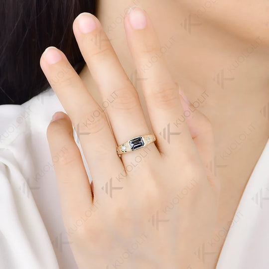 Kuololit 1CT Grey Moissanite Emerald Cut Custom Ring for Women Solid 14K 10K Yellow Gold Engagement Ring for Christmas Party