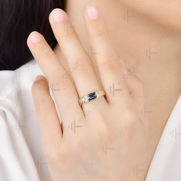 Kuololit 1CT Grey Moissanite Emerald Cut Custom Ring for Women Solid 14K 10K Yellow Gold Engagement Ring for Christmas Party