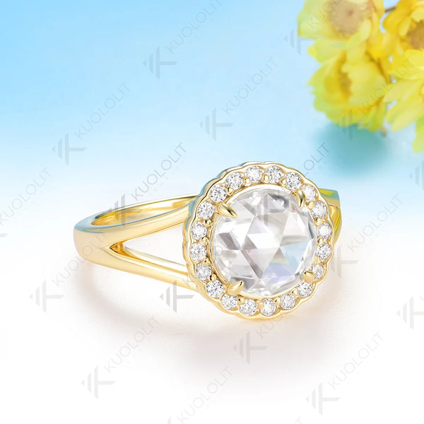 Kuololit 2CT Rose Cut Round Moissanite Ring for Women Solid 14K 10K 585 Yellow Gold Engagement Ring for Anniversary Christmas