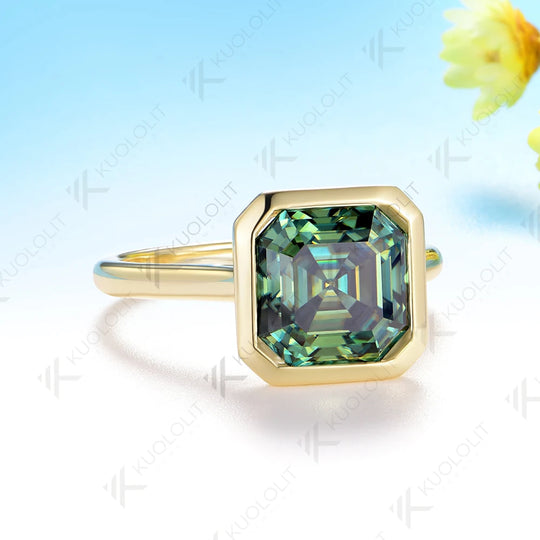 Kuololit 3.5CT Asscher Cut Cyan Moissanite for Women Solid 14K 10K 585 Yellow Gold for Engagement Wedding Christmas Gifts Party