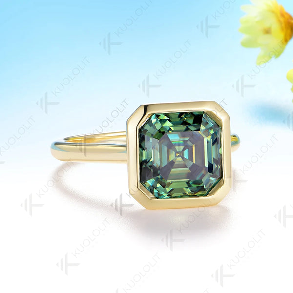 Kuololit 3.5CT Asscher Cut Cyan Moissanite for Women Solid 14K 10K 585 Yellow Gold for Engagement Wedding Christmas Gifts Party