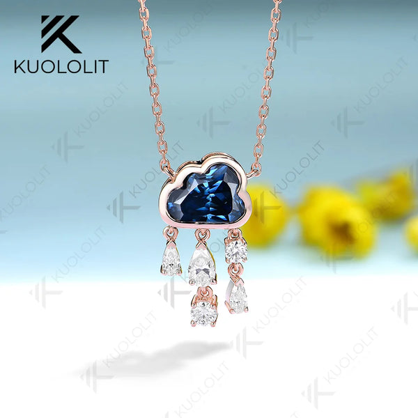 Kuololit 2ct Blue Cloudy Moissanite  Necklace for Women Solid 18K 14k Gold Diamond Blue Rainny Necklace for Wedding Christmas