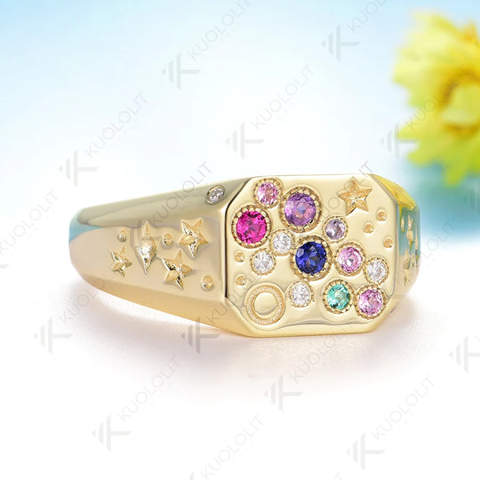 Kuololit 0.21CTW Lab Grown Pink Sapphire Emerald Gemstone Ring for Women Solid 14K 10K 585 Yellow Gold for Christmas Gifts Party