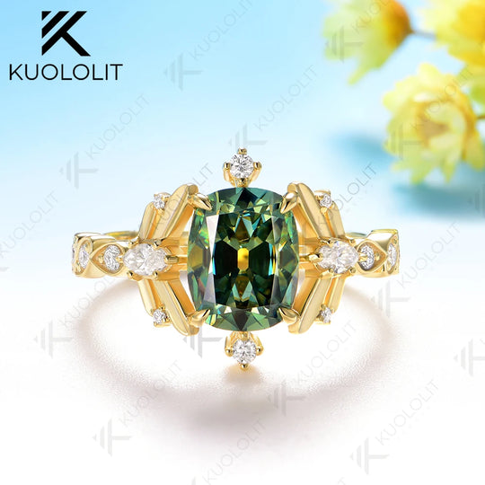 Kuololit 3CT OMC Cyan Champagne Moissanite for Women Solid 14K 10K 585 Yellow Gold Cushion Engagement Ring for Christmas Gifts