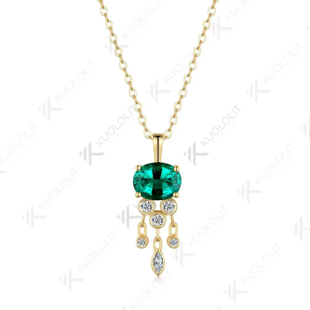 Kuololit 3CT Lab Grown Emerald with Moissanite Necklace for Women Solid 18K 14K 10K 585 Yellow Gold Oval Pendant for Christmas