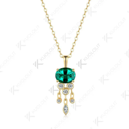Kuololit 3CT Lab Grown Emerald with Moissanite Necklace for Women Solid 18K 14K 10K 585 Yellow Gold Oval Pendant for Christmas