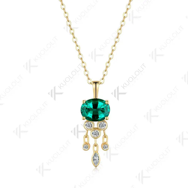 Kuololit 3CT Lab Grown Emerald with Moissanite Necklace for Women Solid 18K 14K 10K 585 Yellow Gold Oval Pendant for Christmas