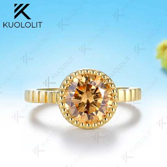 Kuololit 3CT Champagne Moissanite Custom Ring for Women Solid 14K 10K 585 Yellow Gold for Christmas Gifts Engagement Anniversary