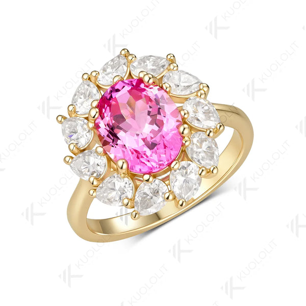 Kuololit 3.5CT Lab Pink Sapphire Pear Moissanite Custom Ring for Women Solid 14K 10K 585 Yellow Gold for Christmas Gifts Party