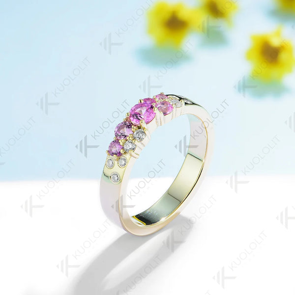 Kuololit PT900 0.7CTW Lab Grown Pink Sapphire Band for Women Solid Platinum 900 Gold for Engagement Wedding Band Christmas Gifts