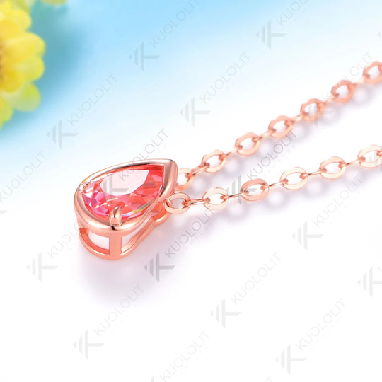 Kuololit 0.5CT Pink Sapphire Necklace for Women Men Solid 585 14K 10K Gold Pear Chain for Engagement Christmas Gifts Party