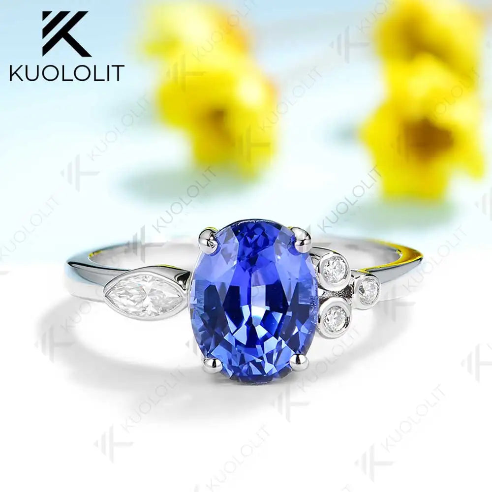 Kuololit 3ct Lab Grown Blue Sapphire with Moissanite Ring for Women Solid 18K 14K 10K 585 Yellow Gold Ring for Christmas Gifts