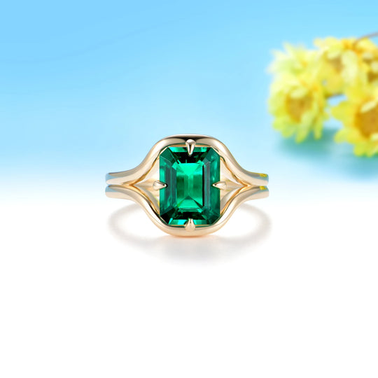 Kuololit 3CT Lab Grown Emerald Custom Ring for Women Solid 14K Yellow Gold Gemstone Ring for Anniversary Christmas Gifts Party