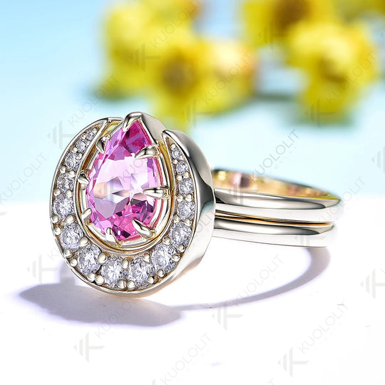 Kuololit 2.2CT Lab Grown Pink Sapphire Set Ring for Women Solid 14K 10K Yellow Gold Ring for Anniversary Christmas Gift Custom