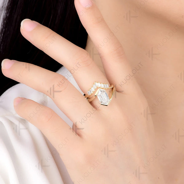 Kuololit 3CT Long Hexagon Cut Moissanite Set Ring for Women Solid 14K 10K 585 Yellow Gold Engagement Ring for Christmas Gifts