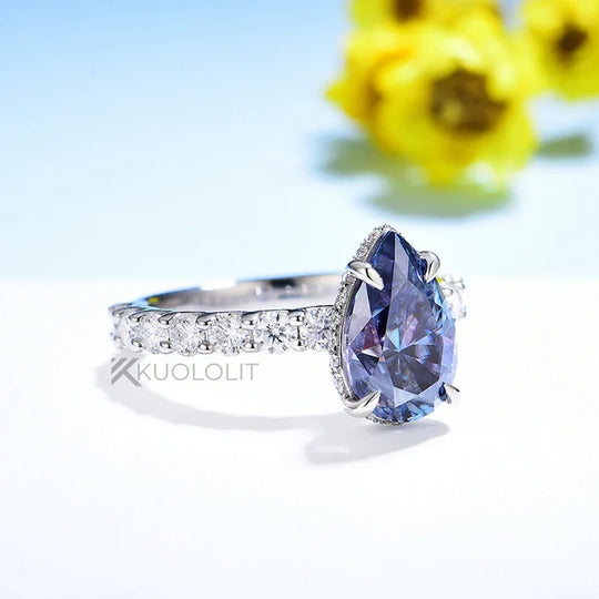 Kuololit 3CT Blue Moissanite Ring for Women Solid 18K White Gold Origanal Blue Color Pear Cut E W Ring for Engagement Christmas